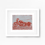 Harley Davidson Motorbike Linocut Print in Red and Grey