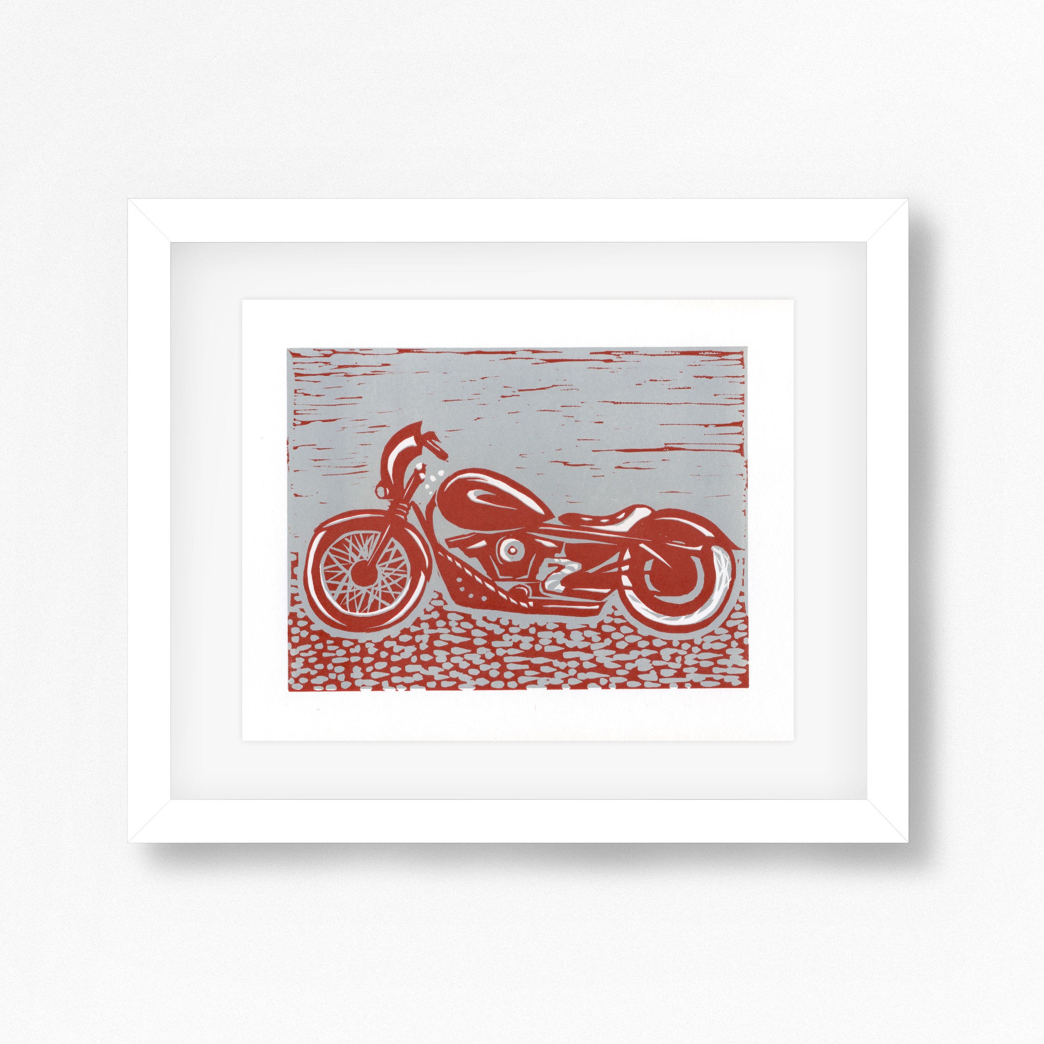 Harley Davidson Motorbike Linocut Print in Red and Grey