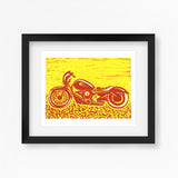 Harley Davidson Motorbike Linocut Print in Racer Red and Yellow