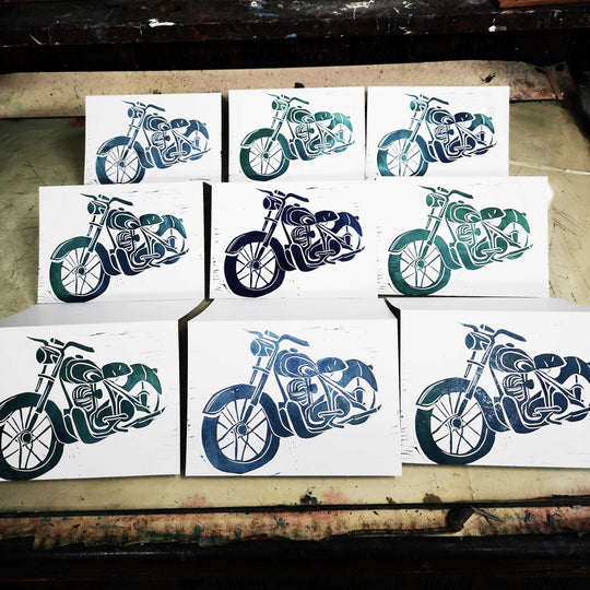 Printing Motorbike Linocut Cards