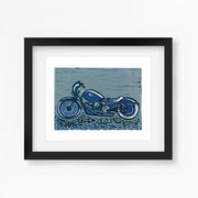 Harley Davidson Motorbike Linocut Print - blue, navy and black