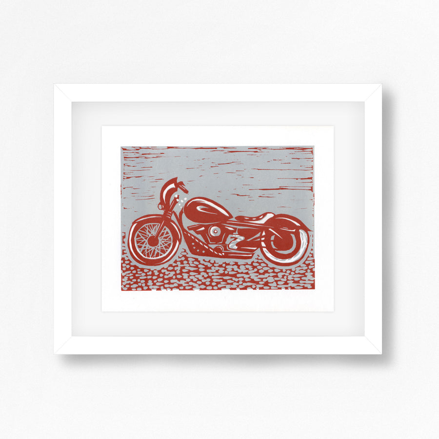 Harley Davidson Motorbike Linocut Print in Red and Grey