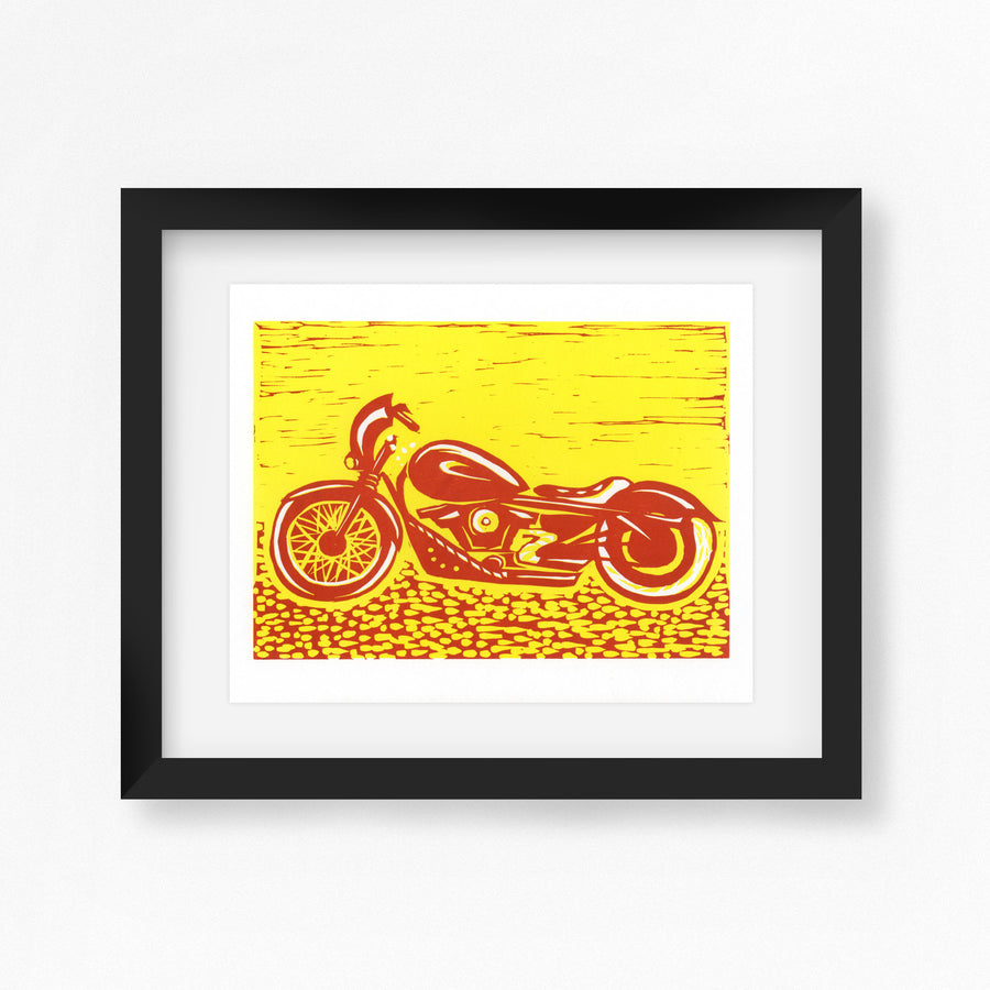 Harley Davidson Motorbike Linocut Print in Racer Red and Yellow