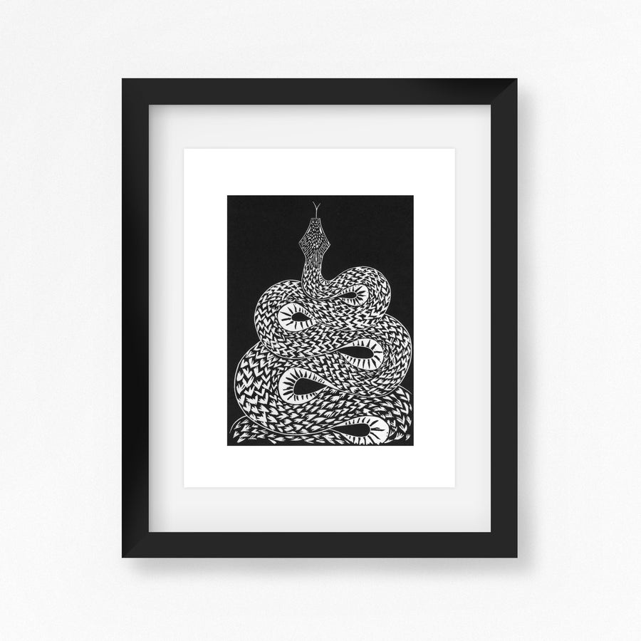 Snake Lino Print in Black and White by Hex Cavelli, Dorset Printmaker